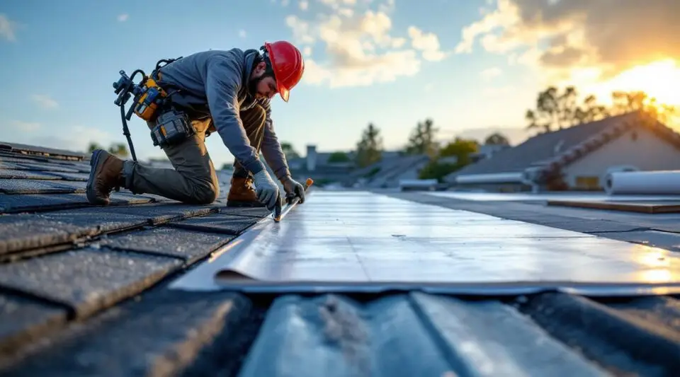 Professional roofing crew installing high-quality asphalt shingles on a Fayetteville home under clear skies.