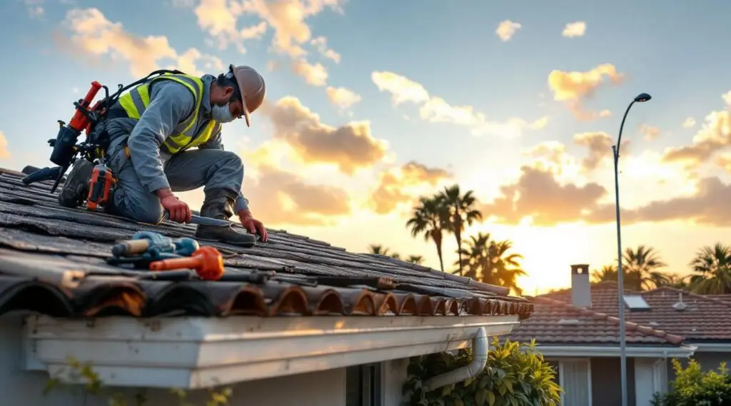 Professional crew installing new asphalt shingles on a residential home.